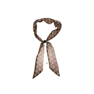 Brown floral chiffon scarf necklace with a black bead slider and vintage retro patterns