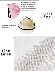 Macro view of pink checkered linen makeup bag showing zipper detail and texture