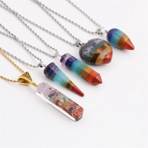 Set of five hip-hop necklaces with colorful 7 chakra crystal pendants and metal chains
