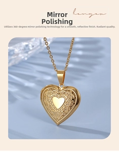 Macro shot of gold stainless steel heart locket with floral relief and mirror polish