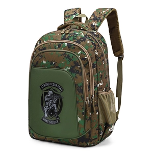 Front view of camouflage tactical backpack with army badges and large capacity pockets