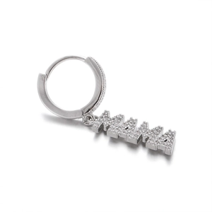 Detail of silver MAMA letter earrings with pave-set rhinestones and a hoop design
