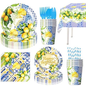Lemon birthday party supplies set with mediterranean style plates cups and napkins