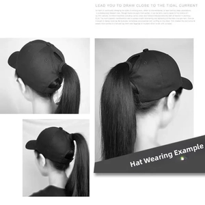 Detail view of the black ponytail baseball cap with a functional rear opening for hair