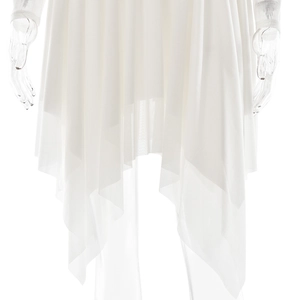 Detail view of white asymmetrical handkerchief hem with layered chiffon and mesh fabric