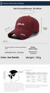 Size chart showing baseball cap dimensions with 56-60cm circumference and cotton material info