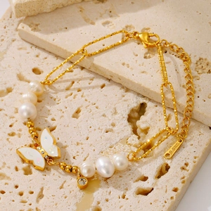 14K gold-plated stainless steel double chain bracelet with white butterfly and pearls