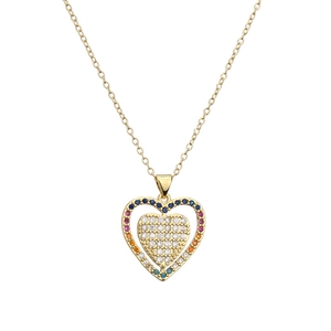 Collier pendentif cœur plaqué or avec oxydes de zirconium colorés sertis en micro-pavé