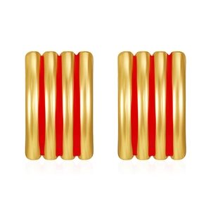 Detail view of 18K gold-plated stainless steel earrings with red striped enamel finish