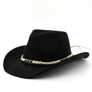 Retro black suede cowboy hat with ethnic beaded band and curved brim for men and women