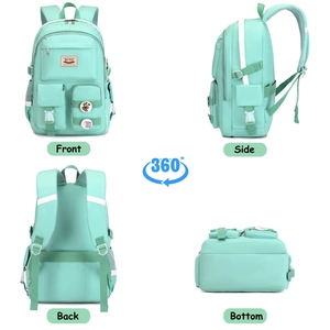 Multi-angle view of mint green school backpack showing front side back and bottom views