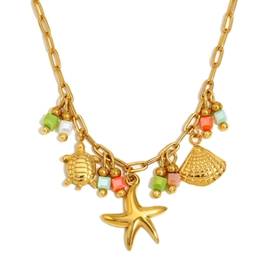 Collier en acier inoxydable plaqué or 18K avec pendentifs tortue, étoile de mer et coquillage
