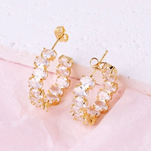 C-Shaped Hoop Earrings Gold Plated Copper Inlaid Zircon Minimalist Geometric Irregular Fashion Jewelry For Women