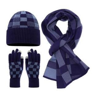 Winter knitted set with checkerboard pattern including beanie hat, scarf, and touch gloves