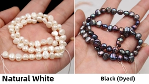 Detail of natural white and dyed black baroque freshwater pearls for DIY jewelry making