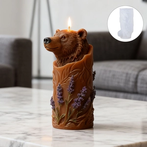 Detail of bear head candle with lavender relief on wood base and white silicone mold