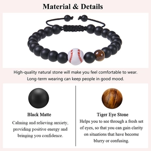 Adjustable 8mm matte black stone and tiger eye baseball bracelet for men in athletic style