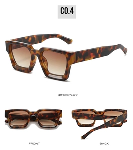 Three-view display of square tortoiseshell sunglasses showing front, back, and 45-degree angle