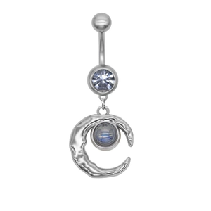 Silver belly button ring featuring a crescent moon pendant with iridescent moonstone inlay