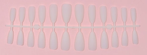Detailed top view of 24 pieces of matte white almond press-on nails on a plastic frame