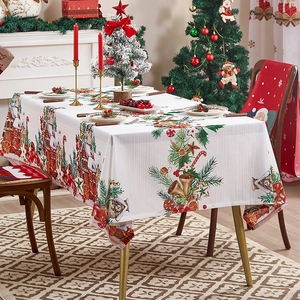 Mantel de Navidad con diseño de casa de jengibre y campanas festivas en tela blanca