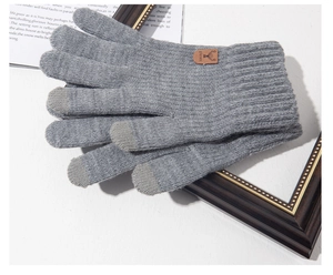 Macro detail of gray knitted gloves featuring touchscreen fingertips and leather deer logo