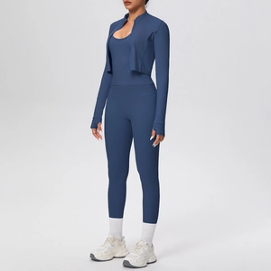 Set yoga 3 pezzi con asole per i pollici sulla giacca e leggings a vita alta blu scuro