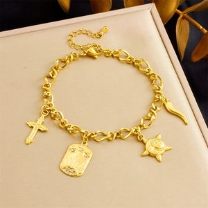 Stainless Steel Bracelet Gold Plated Multi Pendant Cross Sun Star Moon Horn Charm Vintage Bohemian Jewelry For Women
