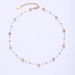 Multilayer titanium steel necklace with pink natural stone beads and small grey pearls