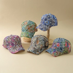 Fashionable lace baseball caps with rhinestones and pearls in five colorful floral patterns