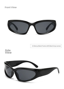 Front and side view of Y2K futuristic wrap-around cycling sunglasses in glossy black finish