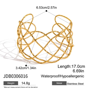 Detailed dimensions of gold hollow mesh stainless steel bangle with measurements