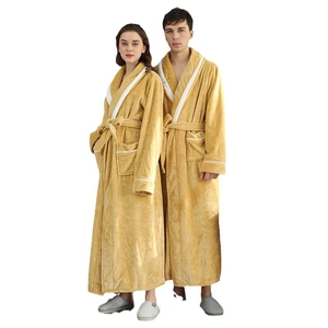 Thick warm flannel bathrobe in ginger yellow with white piping and waist tie for couples