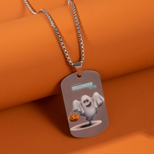 Detail of Halloween stainless steel dog tag necklace with cute pumpkin and ghost print