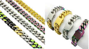 Detail of four stainless steel Cuban link bracelets in gold, silver, rainbow and black