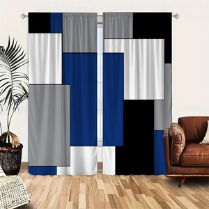 Detail of modern geometric color block curtains in navy, grey, and white polyester