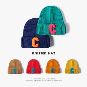 Knitted Beanie Hat Acrylic Warm Winter Outdoor Retro Letter C Patch Chenille Embroidery Casual Men Women