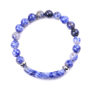Detail of blue natural stone beaded bracelet with rectangular stone and silver spacers