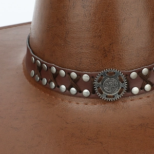 Brown faux leather western cowboy hat with vintage texture and metallic gear buckle