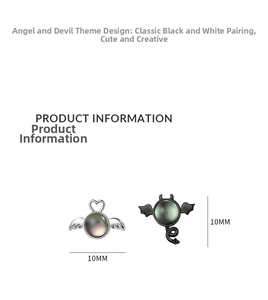 Detail of 10mm angel and devil stud earrings with wings and iridescent stones