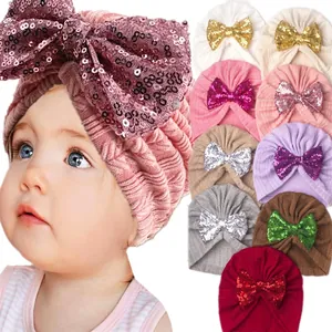 Infant sequin bow turban hat set in multiple colors for baby girls' spring and autumn wear