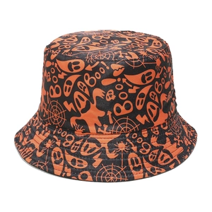 Detail of Halloween bucket hat with spider web ghost patterns and Boo text print