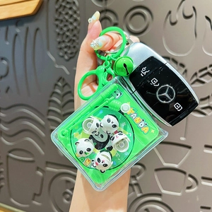 Cute panda liquid quicksand keychain with green panda charm for backpack or car keys