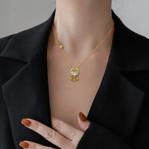 Titanium steel necklace with gold coin longevity lock and white shell pendant on model