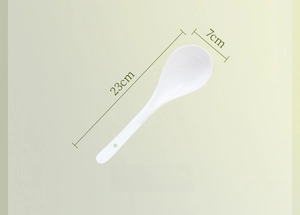 Close-up of a 23cm large white ceramic spoon with dimensions and long hanging handle