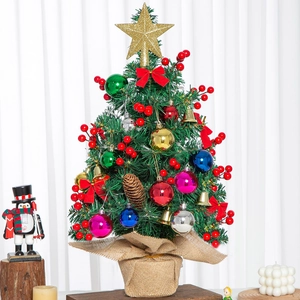 Detailed view of a 60cm tabletop Christmas tree with festive ornaments and burlap base