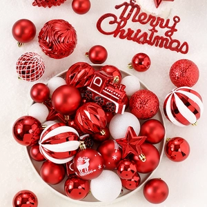 Lot de 65 boules de Noël rouges et blanches avec motifs de renne et flocon