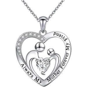 S925 sterling silver heart necklace with mother-child silhouette and engraved text