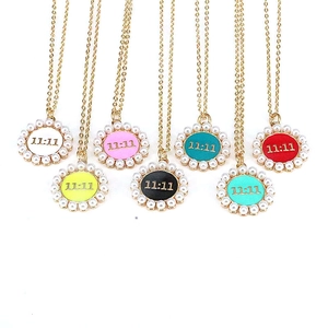 Lucky 11:11 pearl necklaces with colorful enamel pendants and gold-plated chain