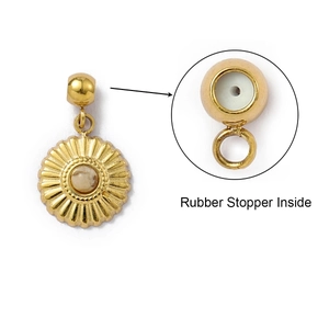 Detailed close-up of golden sunflower pendant featuring the internal rubber stopper design